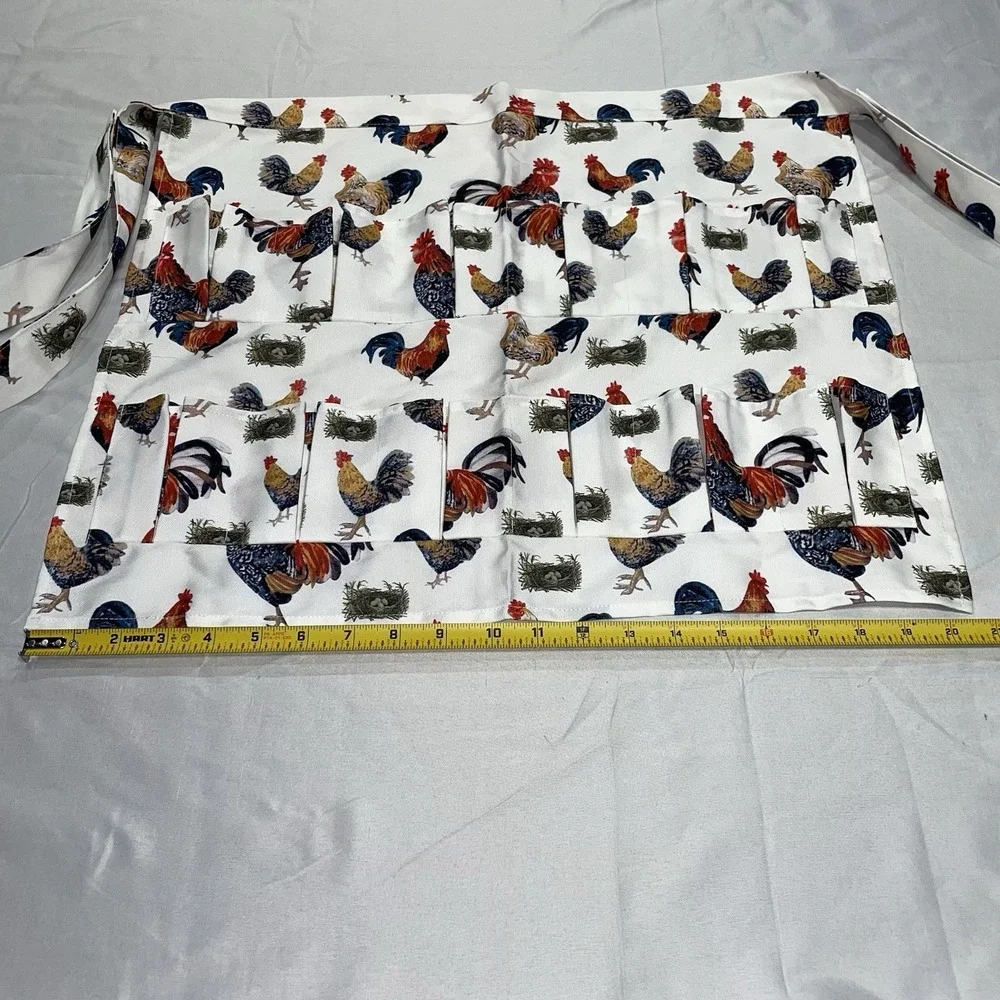 Rooster Print Egg Gathering Apron Farmhouse Multi Pocket Chicken Egg Apron White